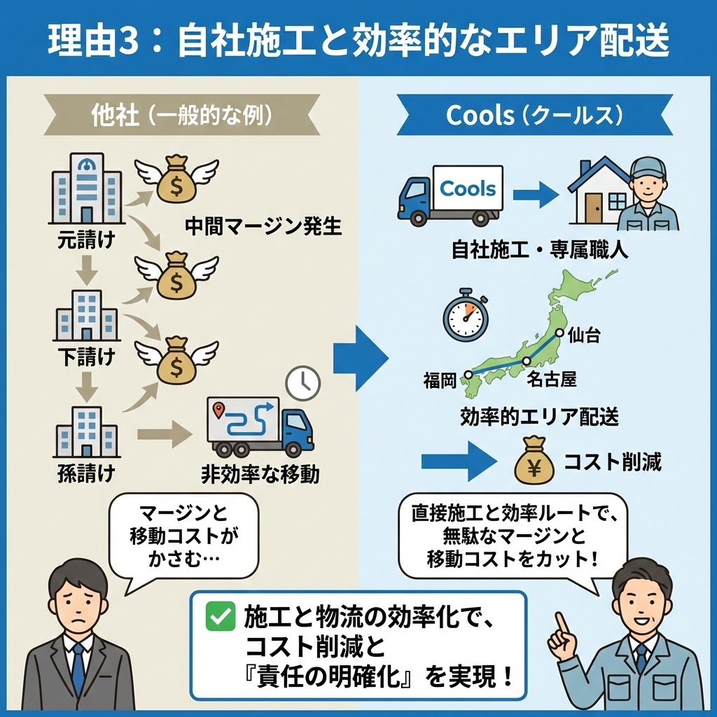 株式会社Cools（クールス）のエコキュートが安い理由3「自社施工と効率的なエリア配送」の解説イラスト。他社の多重下請け構造（元請け→下請け→孫請け）による中間マージン発生と非効率な移動に対し、Coolsは自社施工・専属職人による直接施工と、仙台・名古屋・福岡などを拠点とした効率的なエリア配送で、無駄なマージンと移動コストを徹底的に削減し、コストダウンと責任の明確化を実現している仕組みを比較図解している。