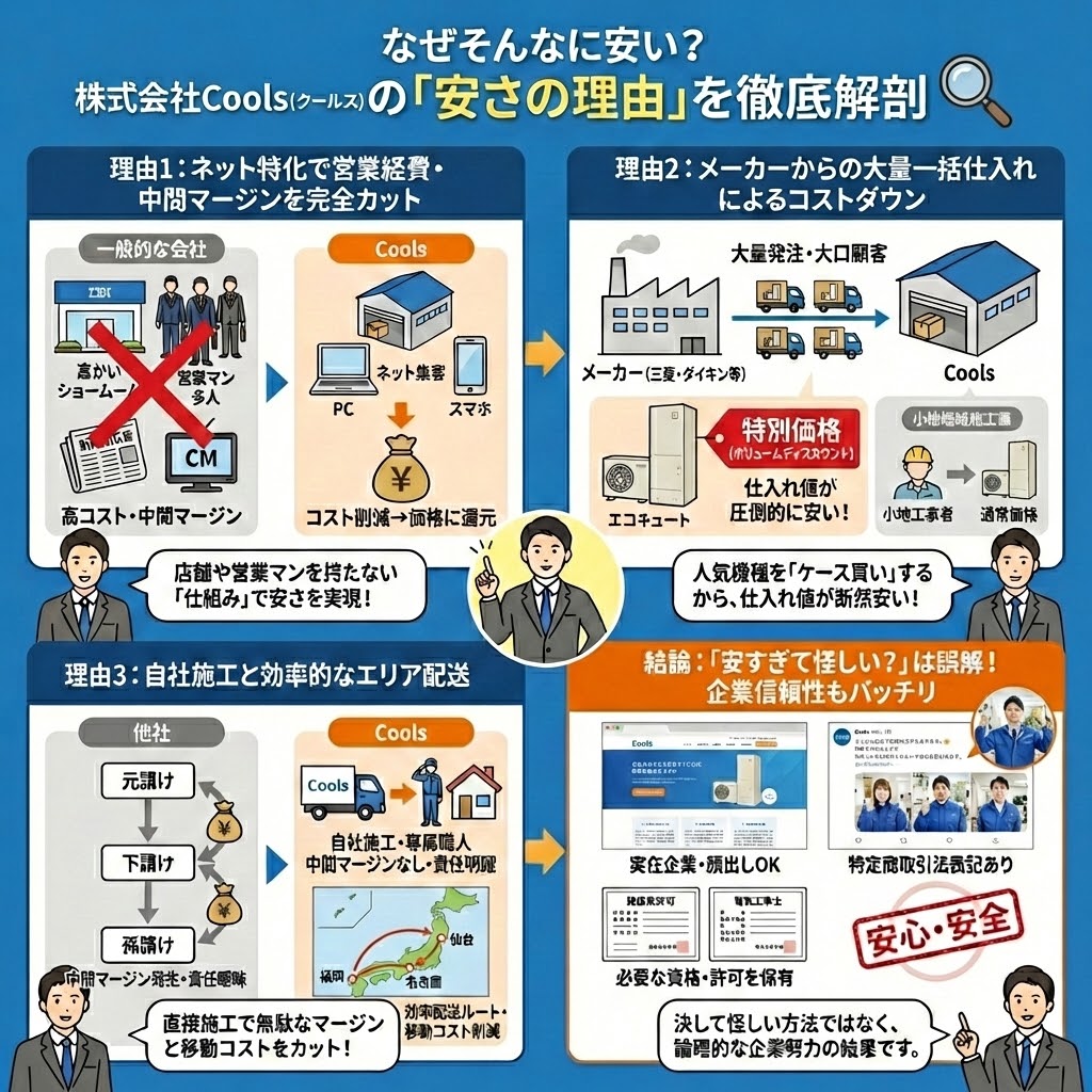 株式会社Cools（クールス）のエコキュートが安い理由を徹底解剖したインフォグラフィック。「ネット特化で営業経費・中間マージンを完全カット」「メーカーからの大量一括仕入れによるコストダウン」「自社施工と効率的なエリア配送」という3つの論理的な理由を図解し、店舗や営業マンを持たない仕組み、特別価格での仕入れ、直接施工によるコスト削減を説明。結論として、「安すぎて怪しい？」は誤解であり、実在企業で必要な資格・許可を保有する安心・安全な企業努力の結果であると、プロの調査員が解説している。