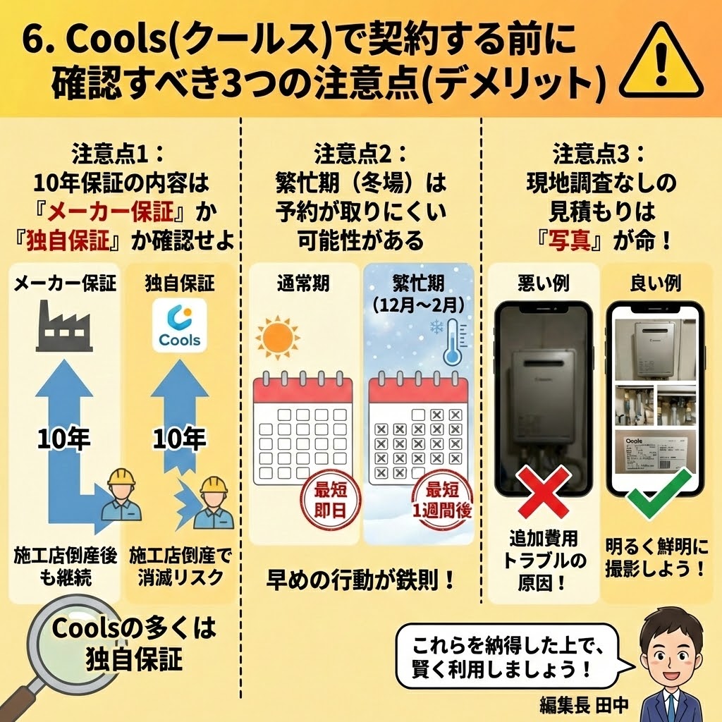 Cools（クールス）のエコキュート契約前に確認すべき3つの注意点（デメリット）をまとめたインフォグラフィック。注意点1は「10年保証がメーカー保証か独自保証か」で、独自保証は施工店倒産で消滅するリスクを図解。注意点2は「繁忙期（冬場・12月〜2月）は予約が取りにくく、最短1週間後になる可能性」を示し、早めの行動を推奨。注意点3は「現地調査なしの見積もりは写真が命」とし、不明瞭な悪い写真例と、給湯器全体や配管が鮮明な良い写真例を比較し、追加費用トラブルの原因となることを警告。編集長田中が「これらを納得した上で、賢く利用しましょう！」と呼びかけている。