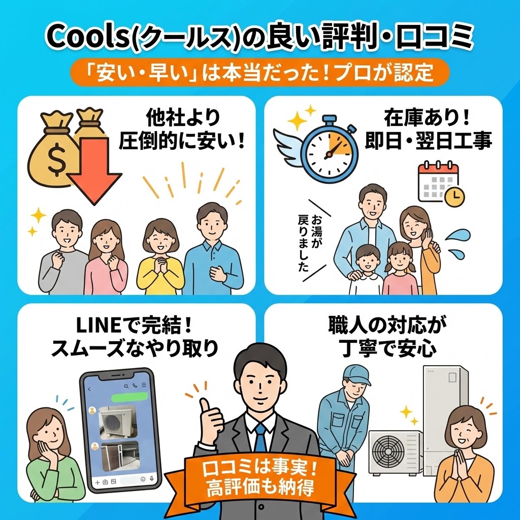 Cools（クールス）のエコキュート交換に関する良い評判と口コミのまとめイラスト。「安い・早い」は事実で、他社より圧倒的に安い価格、在庫ありでの即日・翌日工事、LINEで完結するスムーズなやり取り、丁寧な職人の対応といった高評価のポイントが、プロの認定とともに紹介されている。