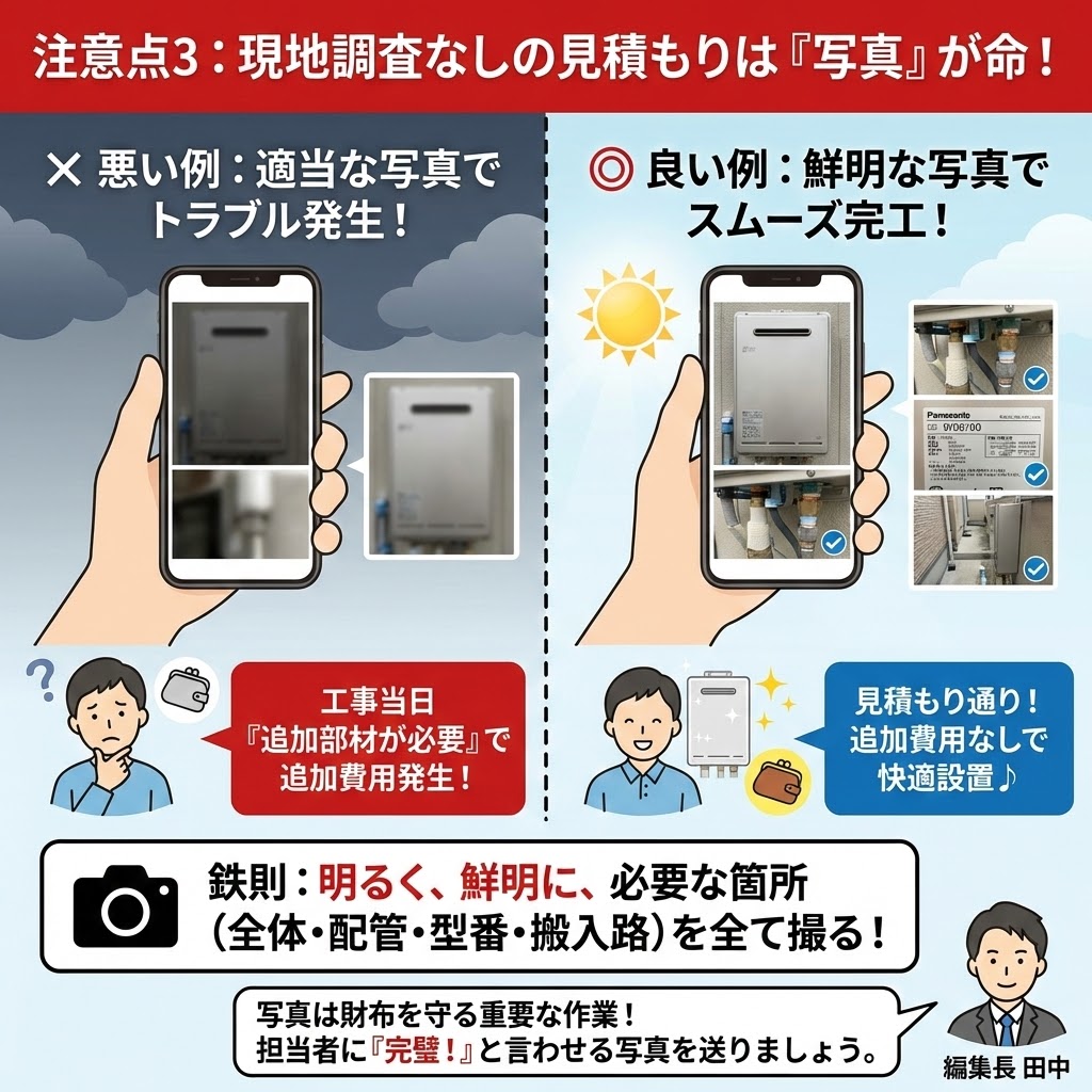 Cools（クールス）のエコキュート交換に関する注意点3「現地調査なしの見積もりは『写真』が命！」の解説イラスト。適当で不鮮明な写真（悪い例）が工事当日の追加費用トラブルの原因となるのに対し、全体・配管・型番・搬入路を明るく鮮明に撮影した写真（良い例）は見積もり通りのスムーズな完工につながることを比較図解。写真は財布を守る重要な作業であるという編集長田中のアドバイスも記載。