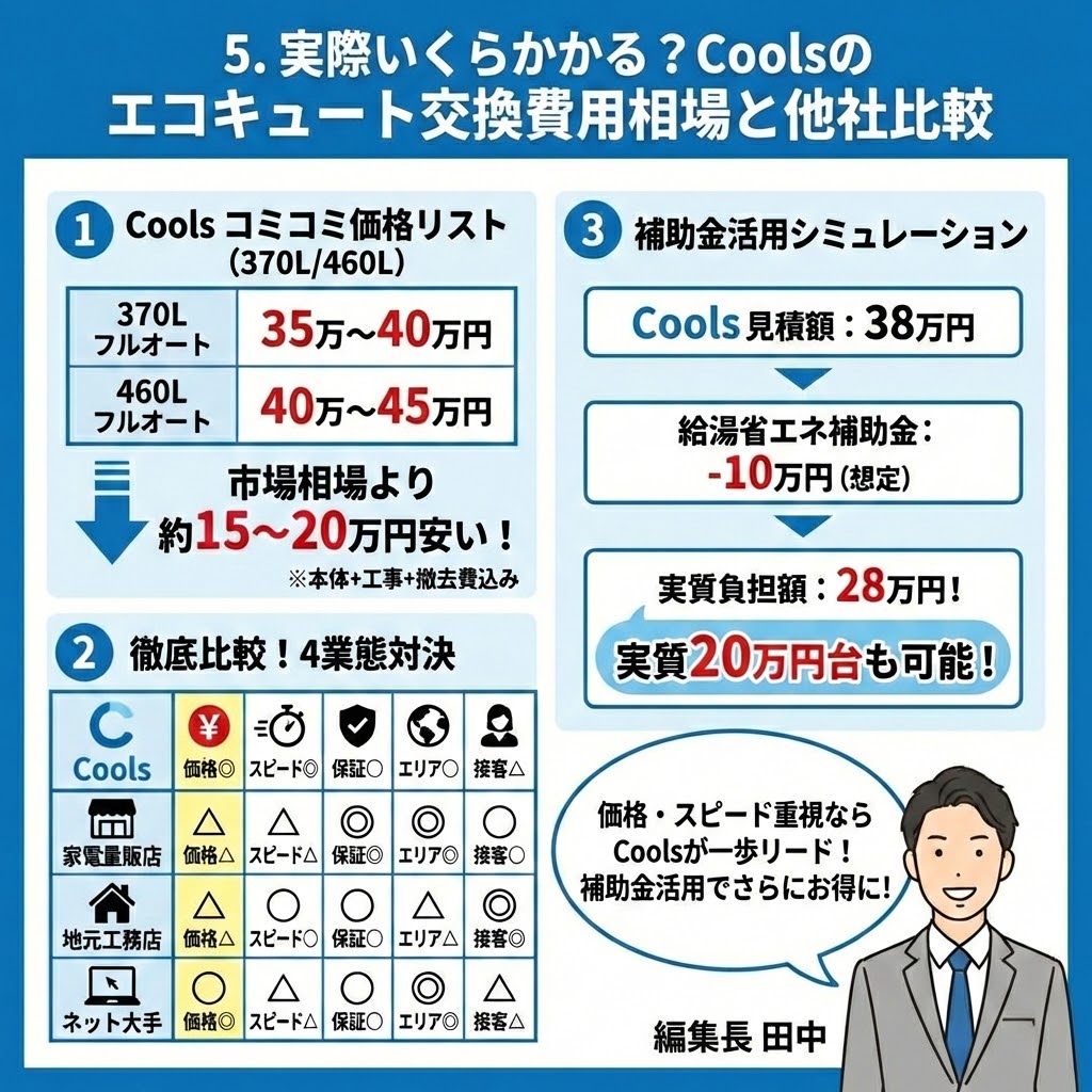 Cools（クールス）のエコキュート交換費用相場と他社比較のインフォグラフィック。370L・460Lのコミコミ価格が市場相場より約15〜20万円安いこと、家電量販店など他社との比較表で価格とスピードが優れていること、給湯省エネ補助金を活用して実質20万円台で交換可能なシミュレーション例を図解している。