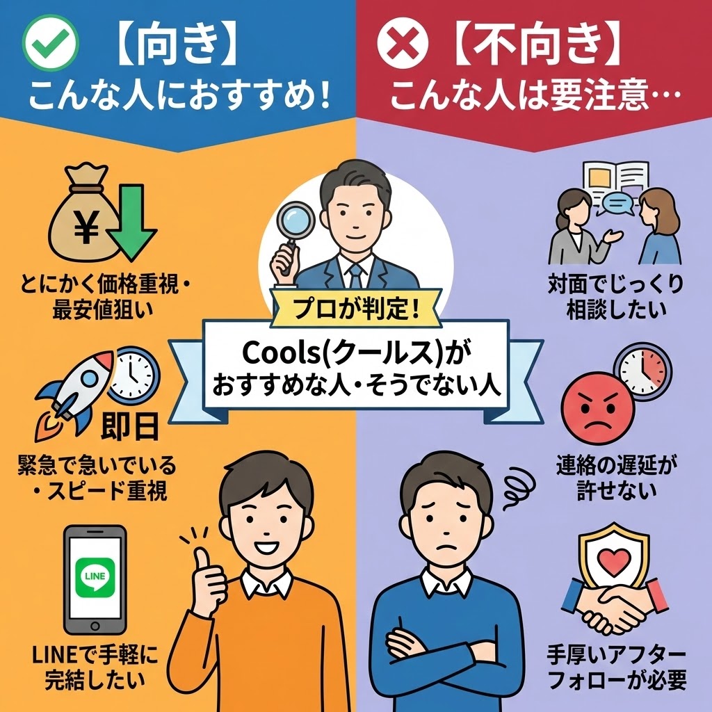 Cools（クールス）のエコキュート交換がおすすめな人（向き）とそうでない人（不向き）のプロによる判定比較図。価格・スピード・LINE完結を重視する人には適しているが、対面相談や手厚いフォローを求める人には向かない点をイラストとアイコンで解説。