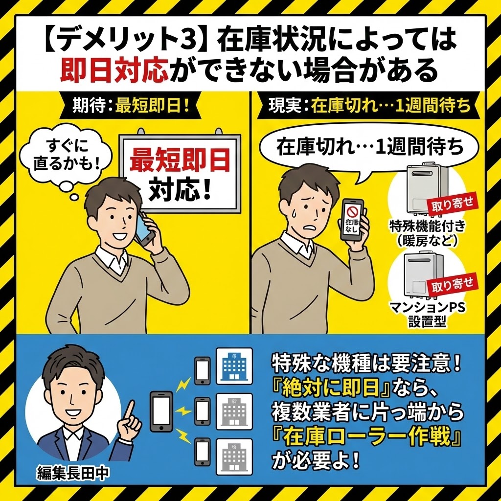 【デメリット3】在庫状況によっては即日対応ができない場合がある、というタイトルのインフォグラフィック。上段左では「期待：最短即日！」として、すぐに直ると期待して電話する男性。上段右では「現実：在庫切れ…1週間待ち」として、特殊機能付きやマンションPS設置型の給湯器が取り寄せとなり困惑する男性を描写。下段では編集長田中が、「特殊な機種は要注意！『絶対に即日』なら、複数業者に片っ端から『在庫ローラー作戦』が必要よ！」と対策を解説している。