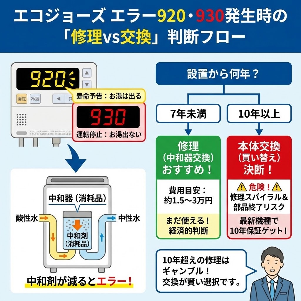 エコジョーズ給湯器でエラーコード920（寿命予告）または930（運転停止）が出た際の対処法を示すフローチャート図解。左側はエラー表示と中和器の仕組みをイラストで説明。右側は設置年数（7年未満または10年以上）に応じた「修理（中和器交換）」と「本体交換（買い替え）」の判断基準、費用目安、リスクを分岐で解説。10年超えは修理スパイラルの危険があるため交換を推奨している。