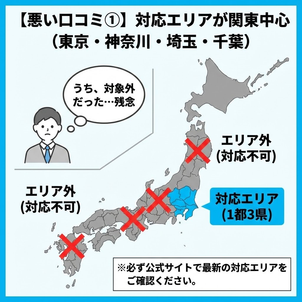 【悪い口コミ①】対応エリアが関東中心（東京・神奈川・埼玉・千葉）と題した日本地図の図解。東京・神奈川・埼玉・千葉の1都3県のみが青色で「対応エリア」と示され、その他の地域には赤い×印と「エリア外（対応不可）」と記されている。地図を見て「うち、対象外だった…残念」とがっかりする人物のイラストが添えられている。下部には「※必ず公式サイトで最新の対応エリアをご確認ください。」という注釈がある。