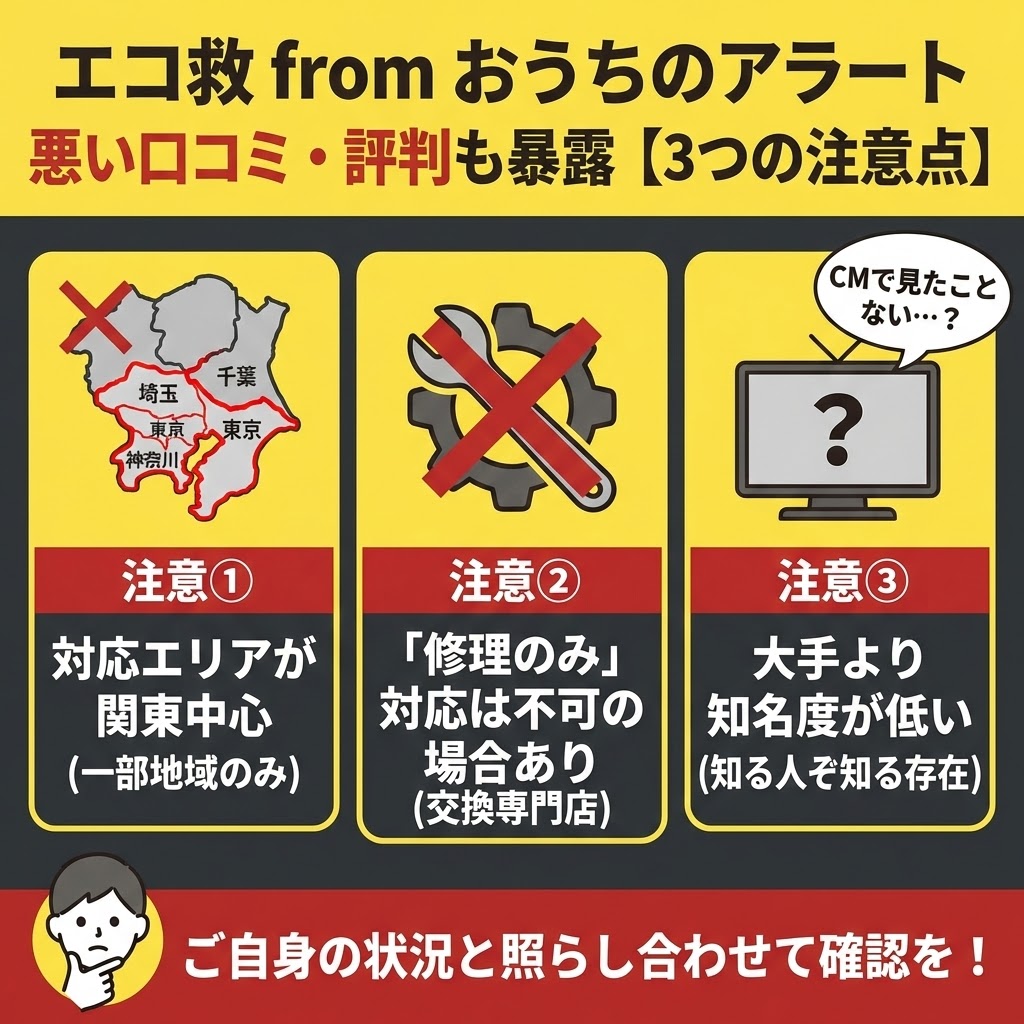 「エコ救 from おうちのアラート 悪い口コミ・評判も暴露【3つの注意点】」と題した図解イラスト。黄色の背景に警告色の赤と黒を使用し、3つの注意点が並んでいる。左から「注意① 対応エリアが関東中心（一部地域のみ）」で地図に×印、「注意② 『修理のみ』対応は不可の場合あり（交換専門店）」で工具に×印、「注意③ 大手より知名度が低い（知る人ぞ知る存在）」でテレビに？マークが描かれている。下部には「ご自身の状況と照らし合わせて確認を！」と考え込む人物のイラストがある。