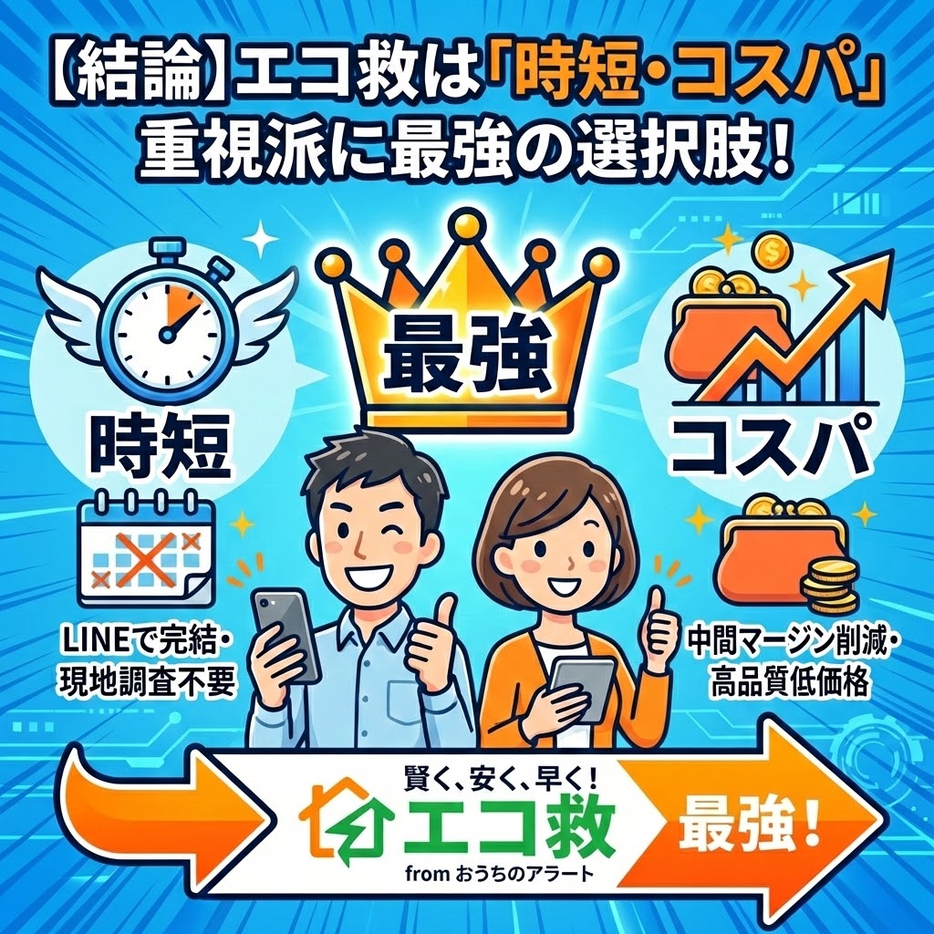 【結論】エコ救は「時短・コスパ」重視派に最強の選択肢！と題した図解イラスト。「最強」の冠を中心に、左側には「時短」として「LINEで完結・現地調査不要」のメリットを翼付き時計とカレンダーのアイコンで、右側には「コスパ」として「中間マージン削減・高品質低価格」のメリットを財布と上昇グラフのアイコンで表現。中央下部ではスマホを持つ男女が満足げに親指を立てており、最下部には「賢く、安く、早く！エコ救 from おうちのアラート 最強！」というバナーが配置されている。