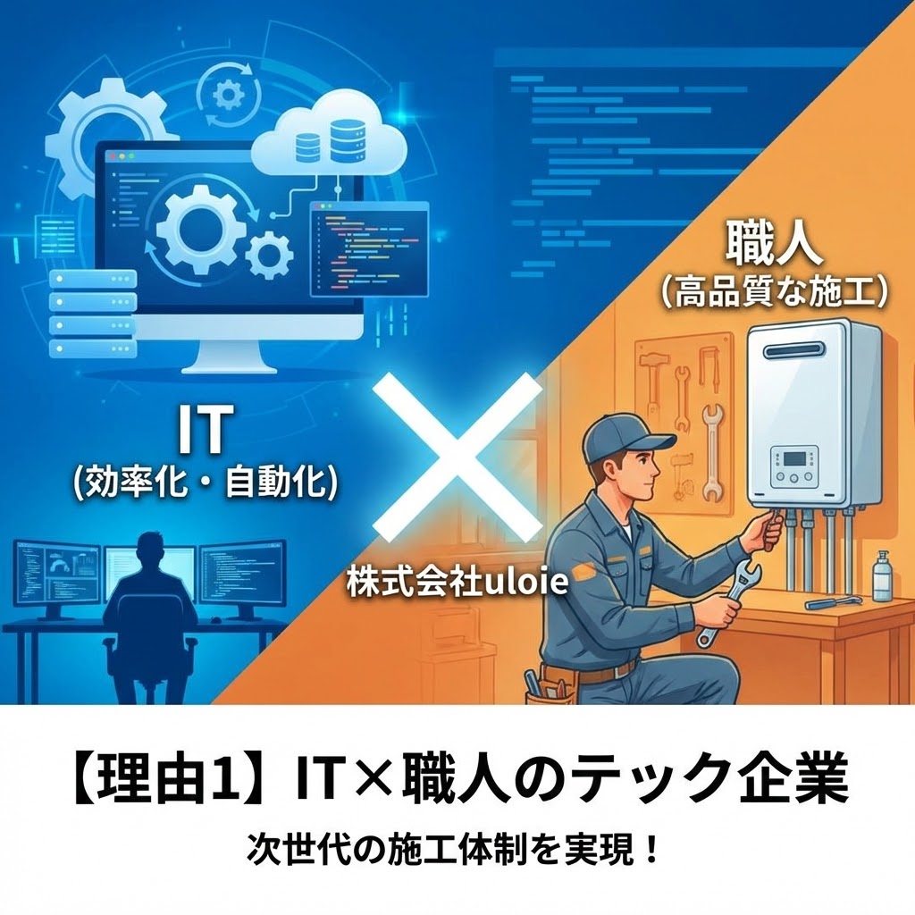 【理由1】IT×職人のテック企業と題した図解イラスト。左上の青い領域にはコンピュータやコードのイラストとともに「IT（効率化・自動化）」、右下のオレンジの領域には給湯器を修理する作業員のイラストとともに「職人（高品質な施工）」と描かれている。中央で大きな「X」が交差し、その下に「株式会社uloie」と記され、ITと職人の融合によって「次世代の施工体制を実現！」していることを表現している。