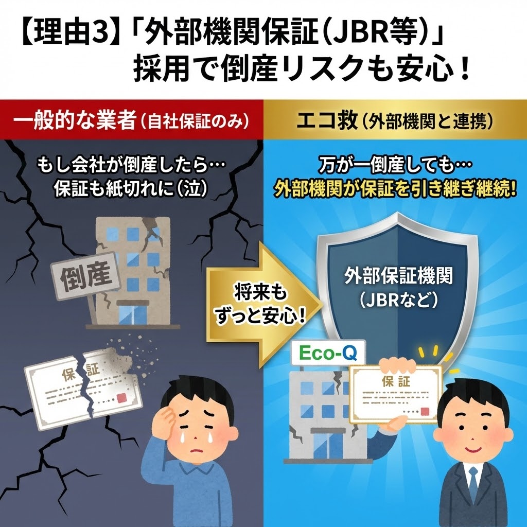【理由3】「外部機関保証（JBR等）」採用で倒産リスクも安心！と題した比較図解。左側の「一般的な業者（自社保証のみ）」は、会社が倒産すると保証書が破れて紙切れになり、顧客が泣いている様子。右側の「エコ救（外部機関と連携）」は、大きな盾（外部保証機関JBRなど）に守られており、万が一エコ救が倒産しても保証が引き継がれ継続するため、顧客が笑顔で安心している様子。「将来もずっと安心！」というメッセージで結ばれている。