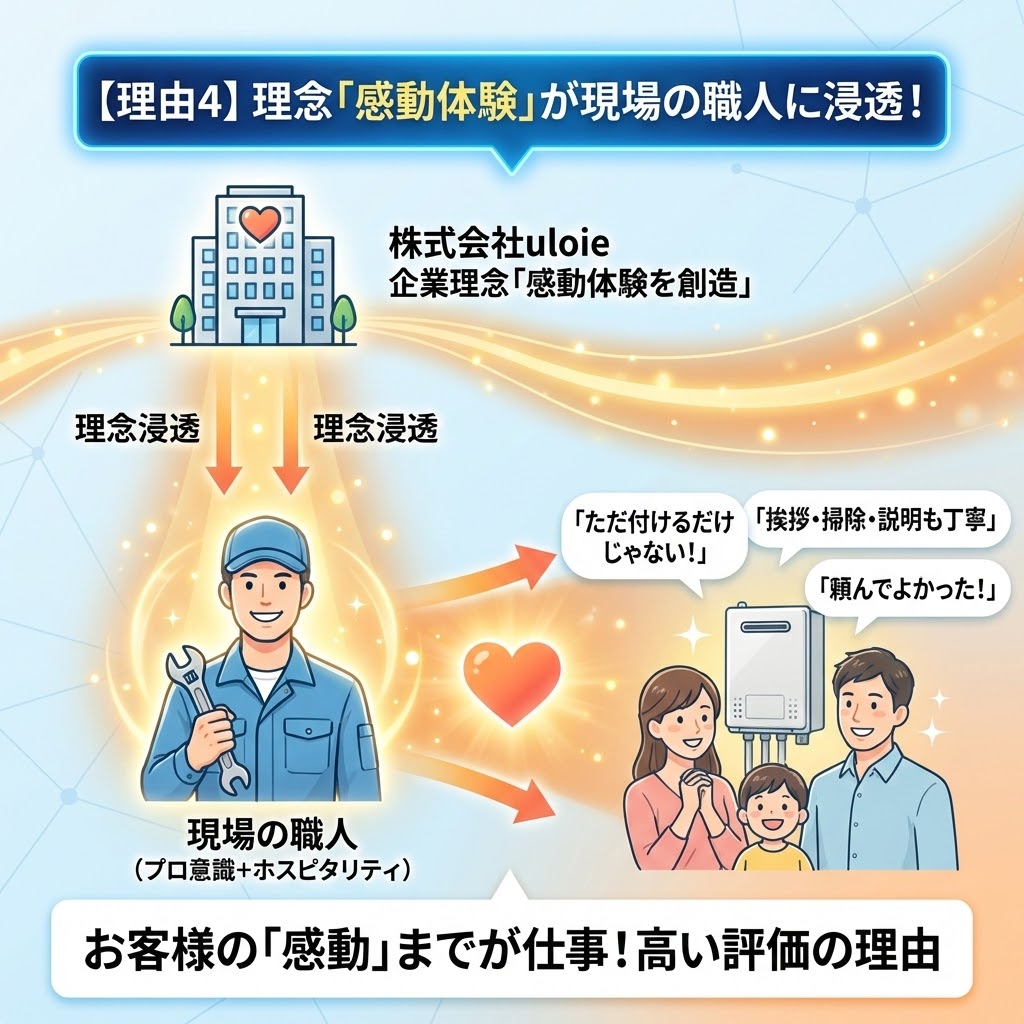 【理由4】理念「感動体験」が現場の職人に浸透！と題した図解イラスト。上部の「株式会社uloie 企業理念『感動体験を創造』」から、光の矢印で「理念浸透」が現場の職人（プロ意識＋ホスピタリティ）に伝わっている様子を描写。その職人からハートの光が顧客家族に届き、「ただ付けるだけじゃない！」「挨拶・掃除・説明も丁寧」「頼んでよかった！」と感動している。下部には「お客様の『感動』までが仕事！高い評価の理由」と結論付けられている。