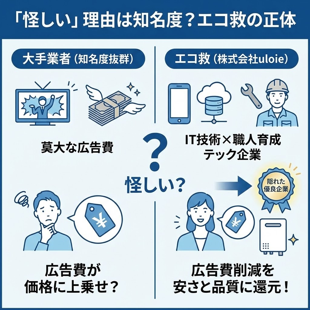 「怪しい」理由は知名度？エコ救の正体を図解したイラスト。左側は「大手業者」がテレビCMなどで「莫大な広告費」をかけ、それが「価格に上乗せ」されていると疑う顧客の様子。右側は「エコ救（株式会社uloie）」が「IT技術×職人育成」を行う「テック企業」であり、「広告費削減を安さと品質に還元」する「隠れた優良企業」であると理解した顧客の様子。中央の疑問符で、知名度の違いが「怪しい」という印象に繋がっている構造を解説している。