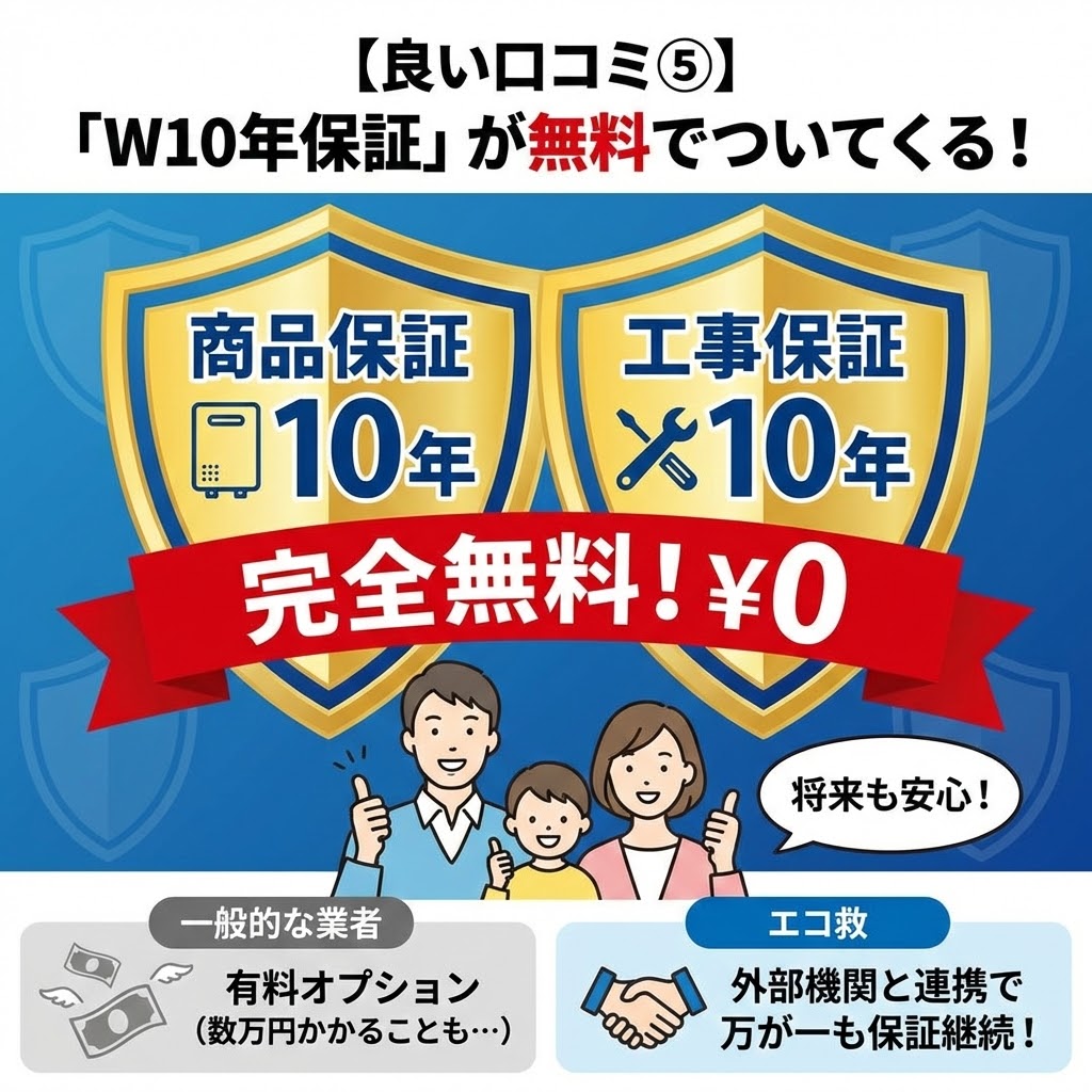 【良い口コミ⑤】「W10年保証」が無料でついてくる！と題した図解イラスト。中央には「商品保証10年」「工事保証10年」と記された2つの黄金の盾があり、その上に「完全無料！¥0」の赤いリボンがかかっている。それを見て「将来も安心！」と親指を立てて喜ぶ家族のイラスト。下部には比較として、一般的な業者は保証が「有料オプション」だが、エコ救は「外部機関と連携で万が一も保証継続」であると説明されている。