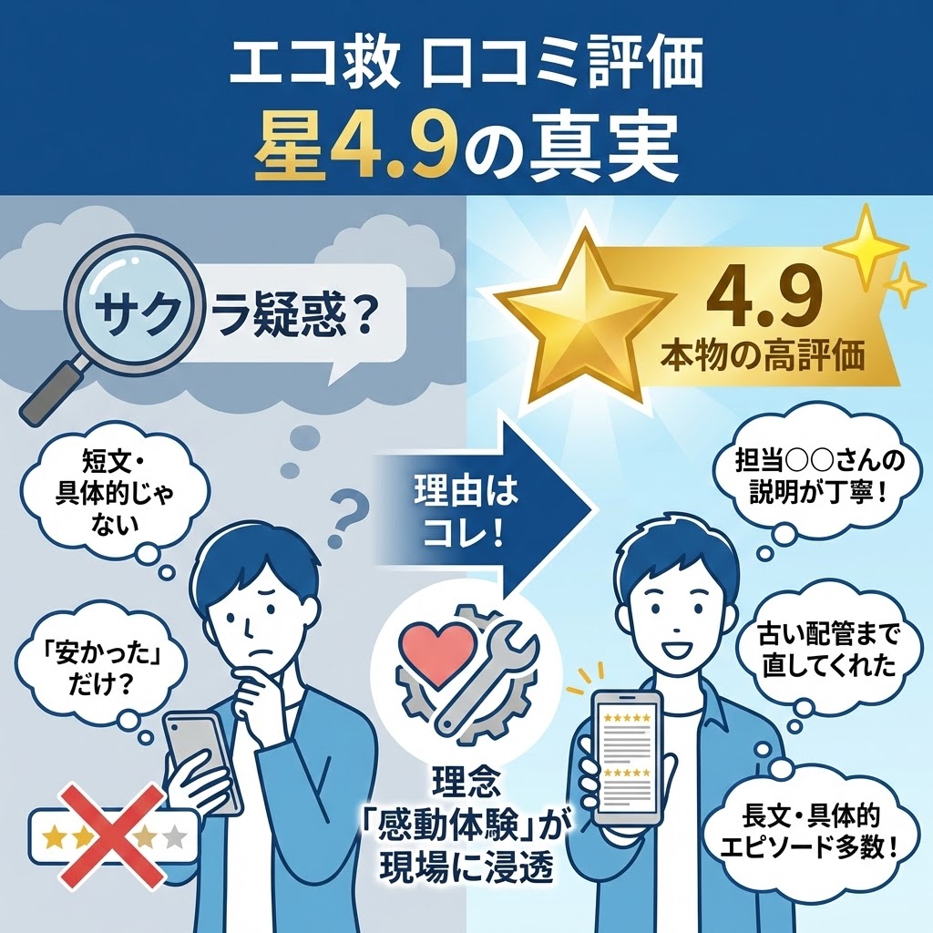 エコ救の口コミ評価 星4.9の真実を図解したイラスト。左側は「サクラ疑惑？」として短文で具体的な内容がない口コミの例（×印）を、右側は「本物の高評価」として担当者の丁寧な説明や古い配管の修理など具体的なエピソードが書かれた長文の口コミの例（星4.9）を示す。中央の矢印で、高評価の理由が「理念『感動体験』が現場に浸透」しているためであると解説している。