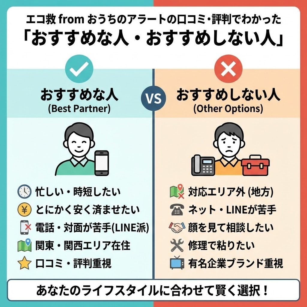 エコ救 from おうちのアラートの口コミ・評判でわかった「おすすめな人・おすすめしない人」と題した比較図解。左側の「おすすめな人 (Best Partner)」はチェックマークと共に、笑顔でスマホを持つ人物が描かれ、「忙しい・時短したい」「とにかく安く済ませたい」「電話・対面が苦手(LINE派)」「関東・関西エリア在住」「口コミ・評判重視」といった特徴が挙げられている。右側の「おすすめしない人 (Other Options)」はバツマークと共に、困った顔で固定電話と工具箱を持つ人物が描かれ、「対応エリア外(地方)」「ネット・LINEが苦手」「顔を見て相談したい」「修理で粘りたい」「有名企業ブランド重視」といった特徴が挙げられている。中央には「VS」があり、下部には「あなたのライフスタイルに合わせて賢く選択！」と記されている。
