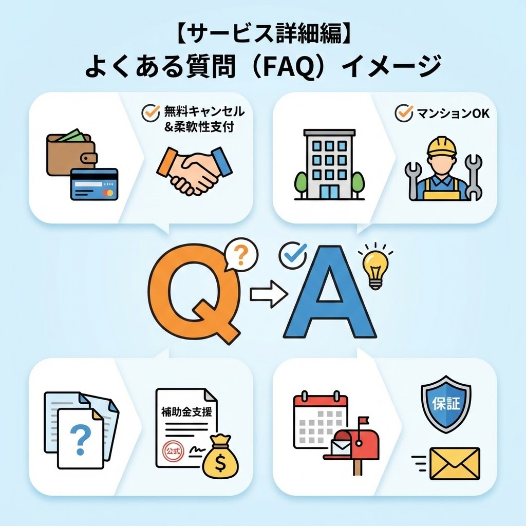 【サービス詳細編】エコ救に関するよくある質問（FAQ）の概要イメージ図。中央のQ&Aロゴの周囲に、4つのトピックがアイコンで示されている。左上は財布と握手のアイコンで「見積もり後の無料キャンセルと柔軟な支払い方法」、右上はマンションと作業員のアイコンで「マンションでの給湯器交換対応」、左下は書類とお金の袋のアイコンで「補助金申請のサポート」、右下はカレンダー・郵便受けと保証書の盾アイコンで「工事後の保証書郵送」を表している。
