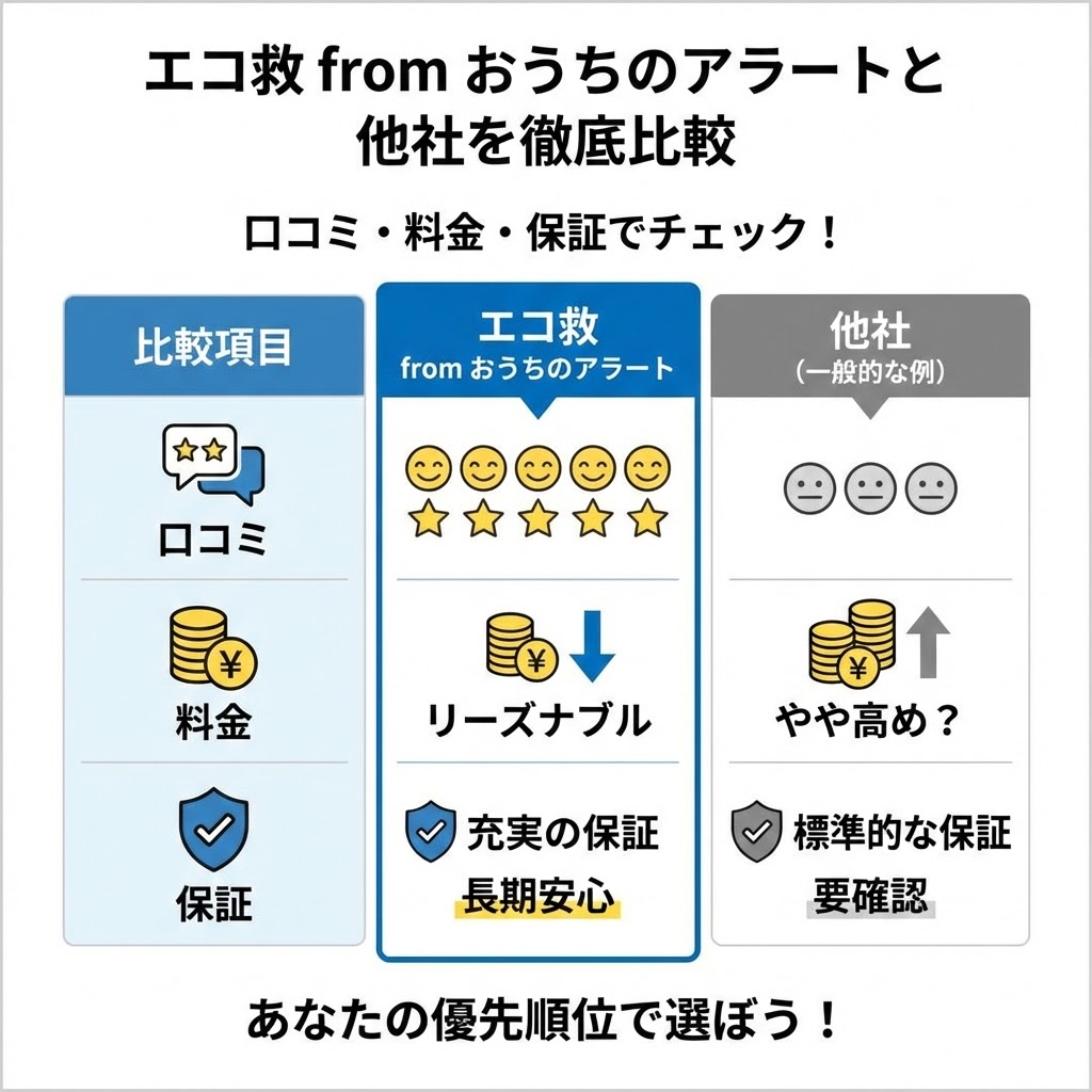 「エコ救 from おうちのアラートと他社を徹底比較：口コミ・料金・保証でチェック！」と題した比較図解。左列の比較項目に対し、中央の「エコ救」は口コミが5つ星で笑顔、料金がリーズナブル（下矢印）、保証が充実・長期安心と評価されている。一方、右列の「他社（一般的な例）」は口コミが標準的な表情、料金がやや高め（上矢印）、保証が標準的・要確認とされている。下部には「あなたの優先順位で選ぼう！」と記されている。