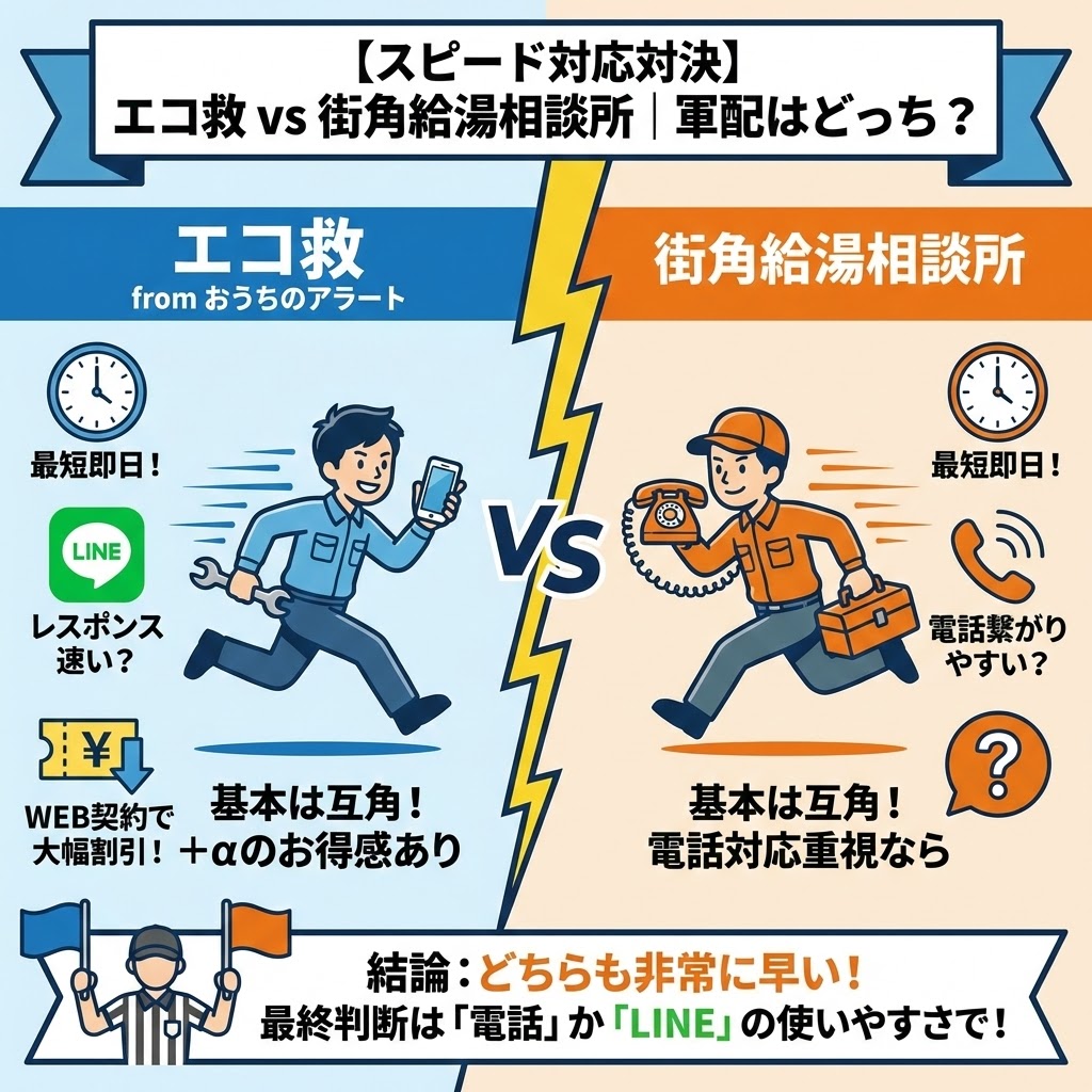 【スピード対応対決】エコ救 vs 街角給湯相談所｜軍配はどっち？と題した比較図解。左側の「エコ救」はLINEレスポンスの速さとWEB契約割引で「基本は互角！＋αのお得感あり」、右側の「街角給湯相談所」は電話の繋がりやすさで「基本は互角！電話対応重視なら」と対比されている。中央で両者が走って競争しており、下部の審判による結論では「どちらも非常に早い！最終判断は『電話』か『LINE』の使いやすさで！」と判定されている。