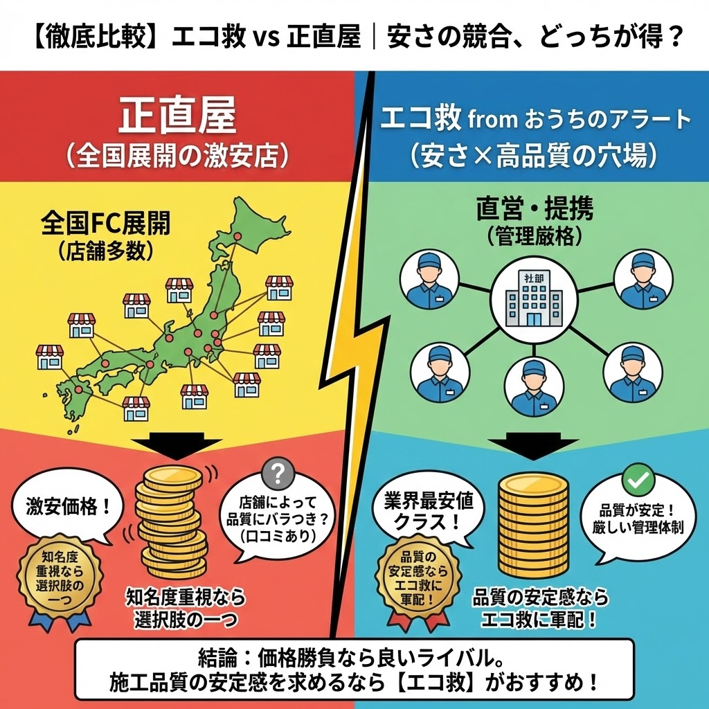 【徹底比較】エコ救 vs 正直屋｜安さの競合、どっちが得？と題した比較図解。左側の「正直屋（全国展開の激安店）」は全国FC展開で激安価格だが、店舗による品質のバラつきにクエスチョンマークが付き「知名度重視なら選択肢の一つ」とされる。右側の「エコ救 from おうちのアラート（安さ×高品質の穴場）」は直営・提携の厳格な管理で業界最安値クラスかつ品質が安定しており、チェックマークと共に「品質の安定感ならエコ救に軍配！」とされる。結論として「価格勝負なら良いライバル。施工品質の安定感を求めるなら【エコ救】がおすすめ！」と記されている。