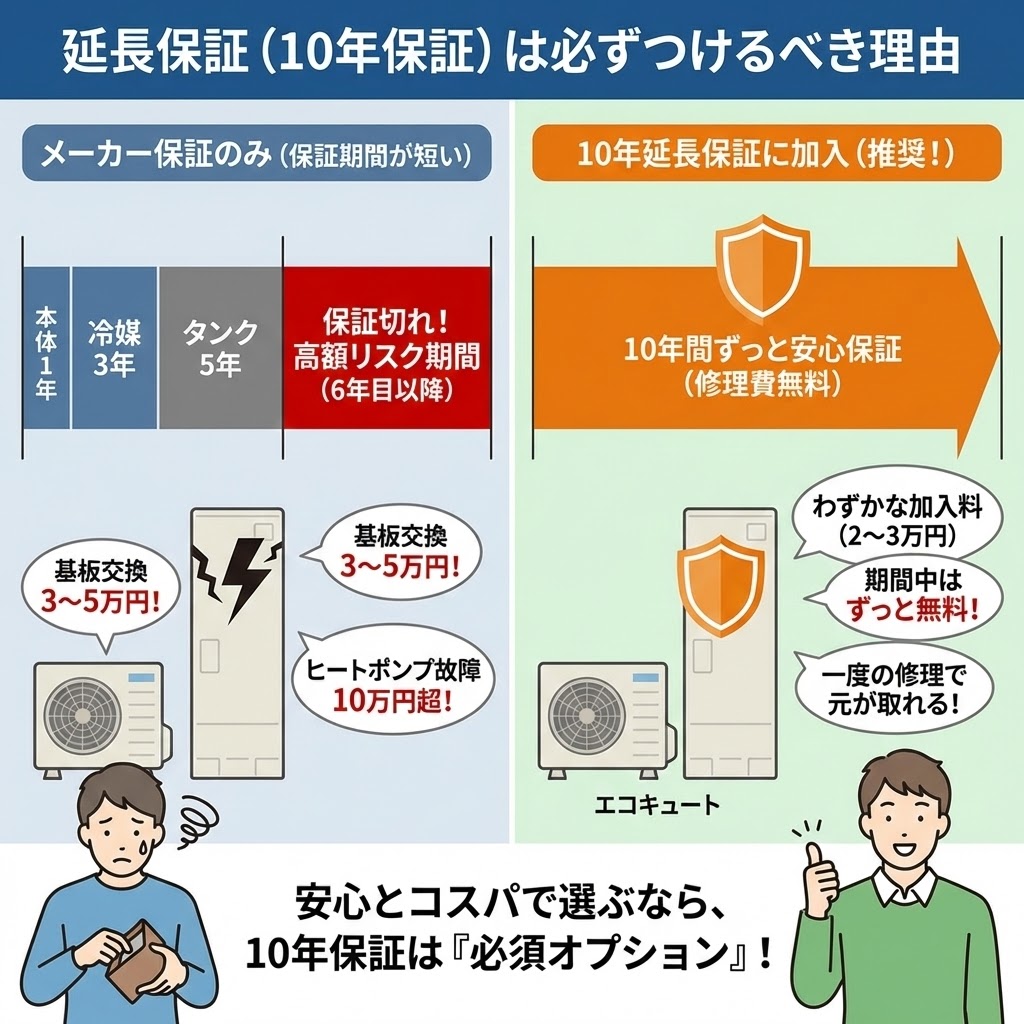 【図解】延長保証（10年保証）は必ずつけるべき理由。左側は「メーカー保証のみ」の場合、保証切れ後に基板交換（3〜5万円）やヒートポンプ故障（10万円超）の高額リスクがあることを示し、右側は「10年延長保証に加入（推奨）」の場合、わずかな加入料（2〜3万円）で10年間修理費無料となり、一度の修理で元が取れるメリットがあることを比較したイラスト。結論として安心とコスパのために10年保証は必須オプションであると解説。