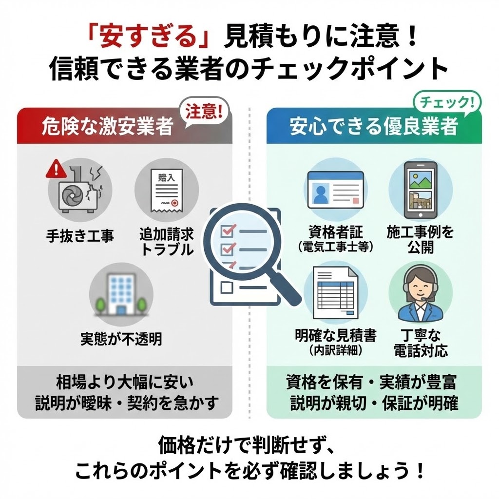 【図解】「安すぎる」見積もりに注意！信頼できる業者のチェックポイント。危険な激安業者（手抜き工事・追加請求トラブル・実態不透明）と、安心できる優良業者（資格者証の保有・施工事例の公開・明確な見積書・丁寧な電話対応）の特徴を左右で比較。価格の安さだけで判断せず、これらのポイントを確認するよう促す注意喚起イラスト。