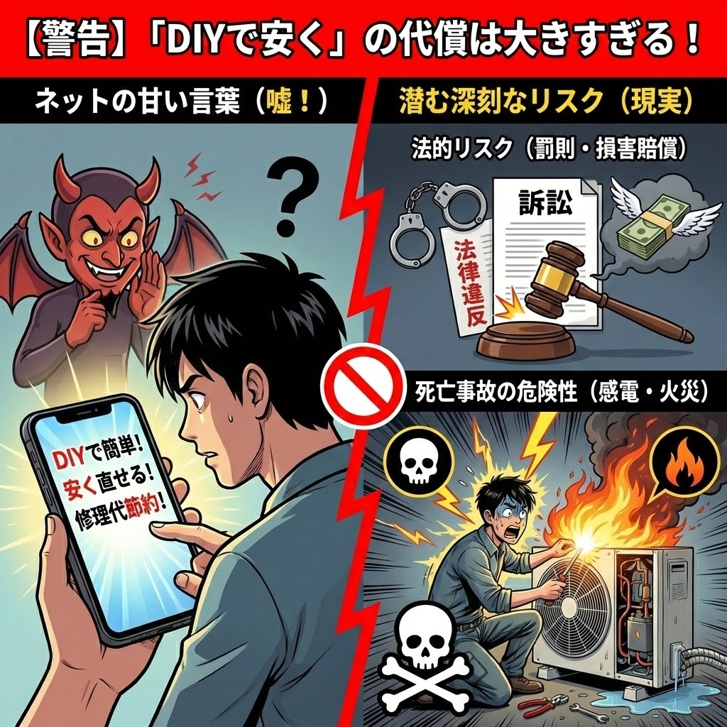 【警告】「DIYで安く」の代償は大きすぎる！というタイトルのイラスト。左側はネット情報の「DIYで簡単！安く直せる！」という甘い言葉に騙される男性と悪魔の囁き。右側は「潜む深刻なリスク（現実）」として、法的リスク（訴訟、罰則、損害賠償）と死亡事故の危険性（感電、火災）を具体的なイラストと警告マークで表現し、DIY修理の危険性を強く訴えている。