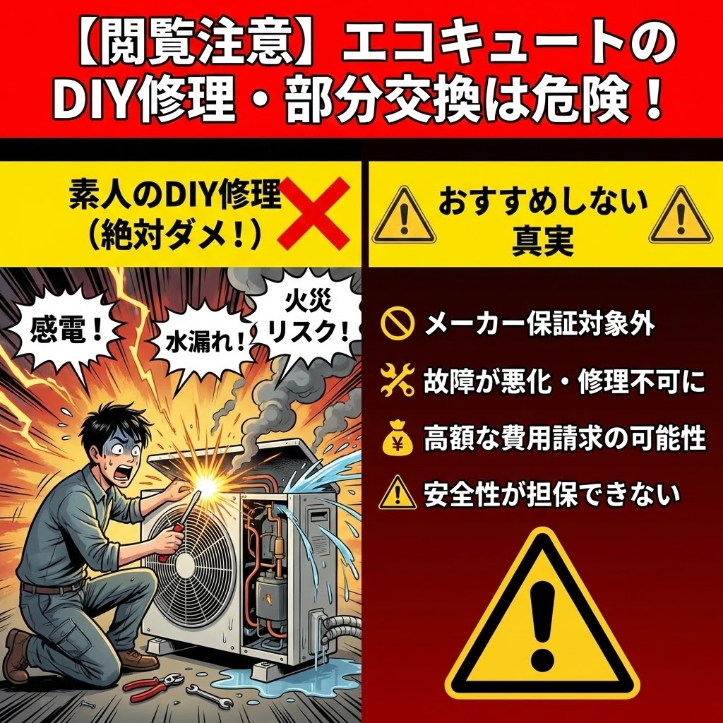 【閲覧注意】エコキュートのDIY修理・部分交換は危険！というタイトルの警告イラスト。左側では「素人のDIY修理（絶対ダメ！）」と題し、感電・水漏れ・火災リスクに直面して慌てる男性のイラスト。右側では「おすすめしない真実」として、メーカー保証対象外、故障が悪化・修理不可に、高額な費用請求の可能性、安全性が担保できないという4つのリスクを警告マークと共にリストアップしている。
