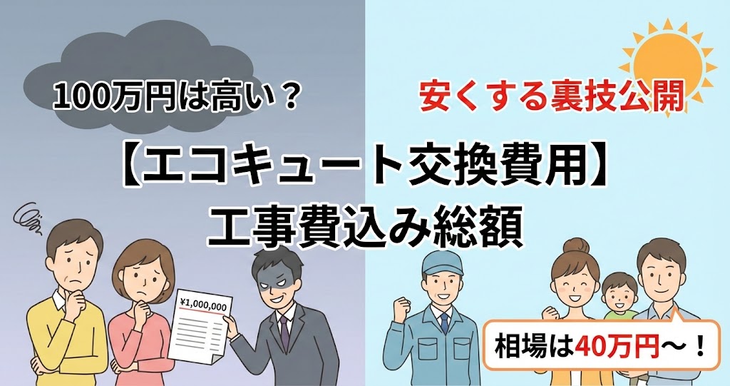 エコキュート交換費用の相場（40万円〜）と高額な100万円請求の比較イラスト。工事費込み総額と安くする裏技を解説。