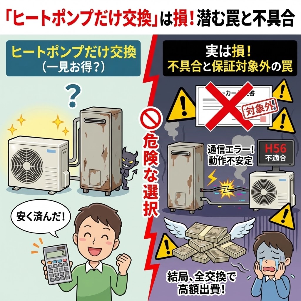 エコキュートの「ヒートポンプだけ交換」は損であり、潜む罠と不具合を警告するイラスト。一見お得に見えるが「危険な選択」であり、メーカー保証対象外、通信エラーによる動作不安定、最終的に全交換で高額出費になるリスクを、具体的な状況と泣く男性の姿で分かりやすく解説している。
