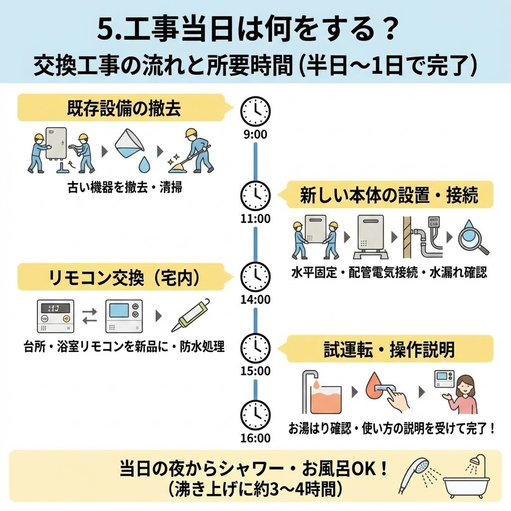 【図解】エコキュート交換工事当日の流れと所要時間（半日～1日で完了）。9:00既存設備撤去、11:00新本体設置・接続、14:00リモコン交換（宅内）、15:00試運転・操作説明、16:00完了という時系列の作業工程をタイムラインで示し、当日の夜からシャワー・お風呂が使える（沸き上げに約3～4時間）ことを解説したイラスト。