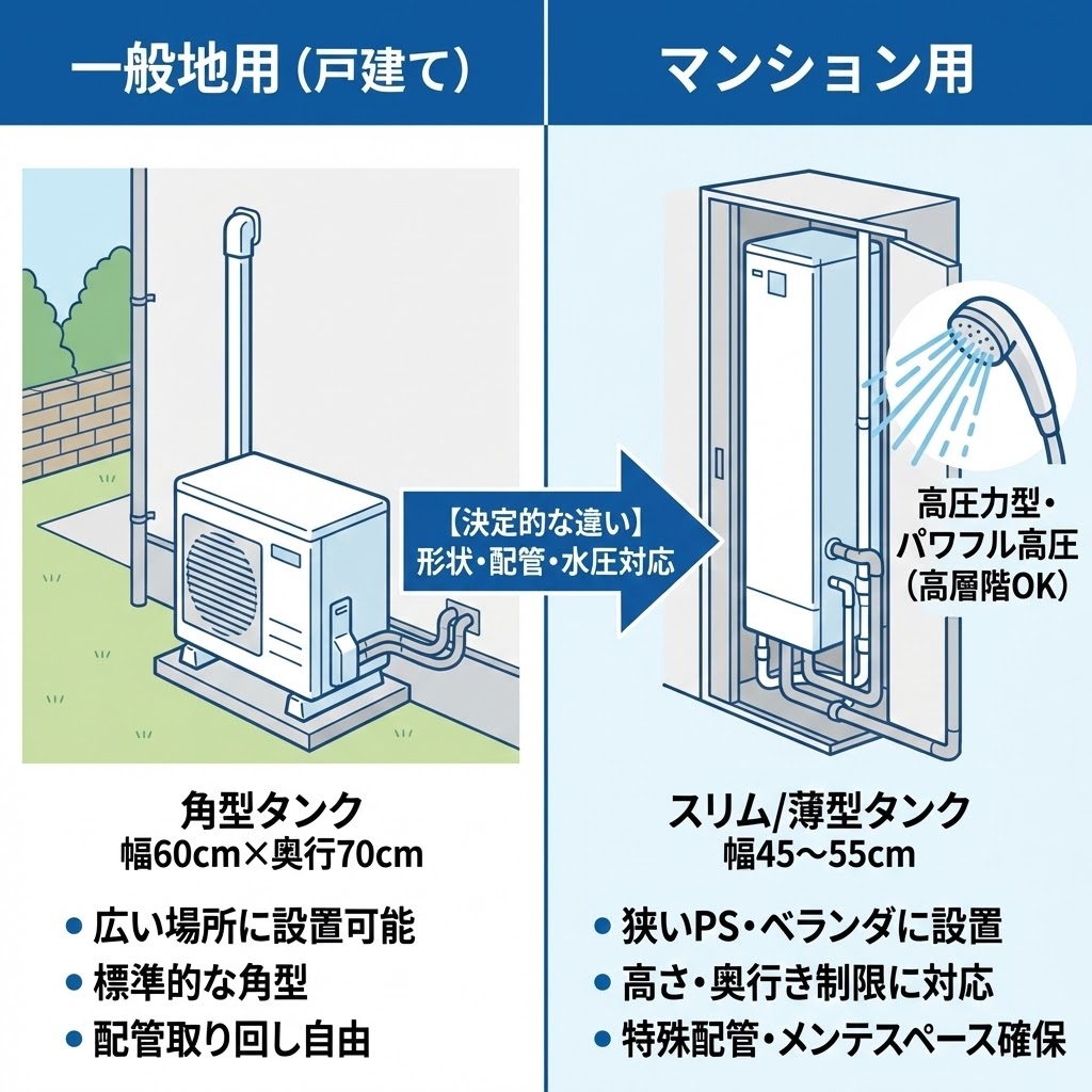 エコキュートのマンション用と一般地（戸建て）用の違いを比較したイラスト。タンクの形状（スリムタイプ・角型）や設置スペース（PS・ベランダ）、配管接続の特殊性について解説