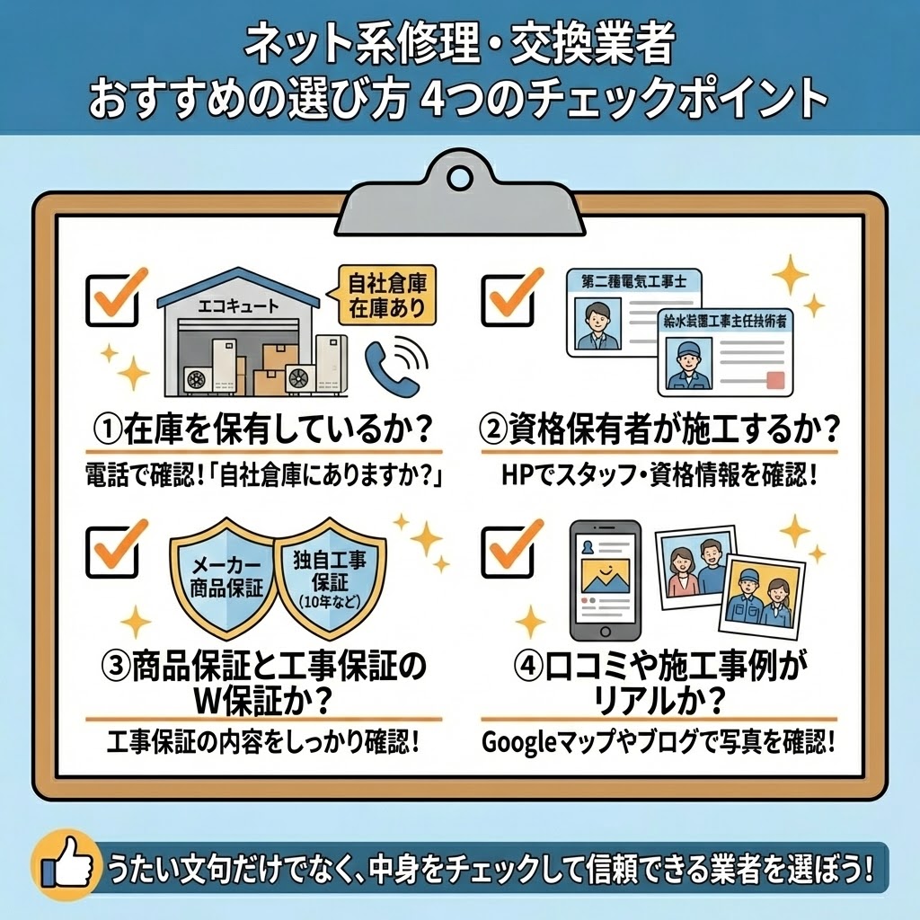 「ネット系修理・交換業者 おすすめの選び方 4つのチェックポイント」と題したインフォグラフィック画像。①「在庫を保有しているか？」（自社倉庫の有無を電話で確認）、②「資格保有者が施工するか？」（第二種電気工事士などの資格情報をHPで確認）、③「商品保証と工事保証のW保証か？」（独自の工事保証内容を確認）、④「口コミや施工事例がリアルか？」（Googleマップやブログでスタッフと客の写真を確認）という4つの具体的な確認事項をイラストとテキストで分かりやすく解説し、信頼できる業者選びを促している。