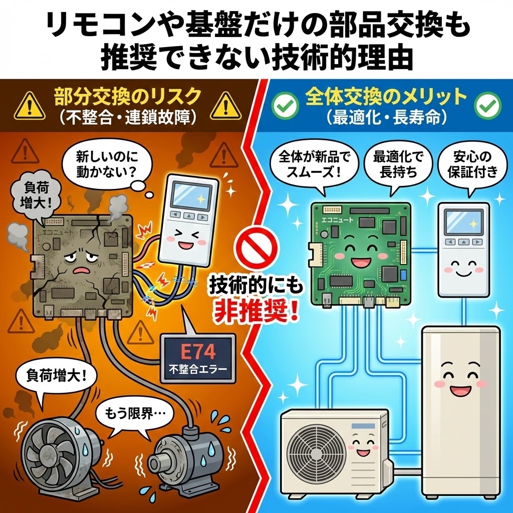 リモコンや基盤だけの部品交換も推奨できない技術的理由を解説するイラスト。左側では「部分交換のリスク（不整合・連鎖故障）」として、新しいリモコンと古い基盤が不整合エラーを起こし、古い部品に負荷がかかり連鎖的に故障する様子を擬人化して表現。右側では「全体交換のメリット（最適化・長寿命）」として、全ての部品が新品でスムーズに連携し、最適化されて長持ちし、保証も付くメリットを対比して示している。