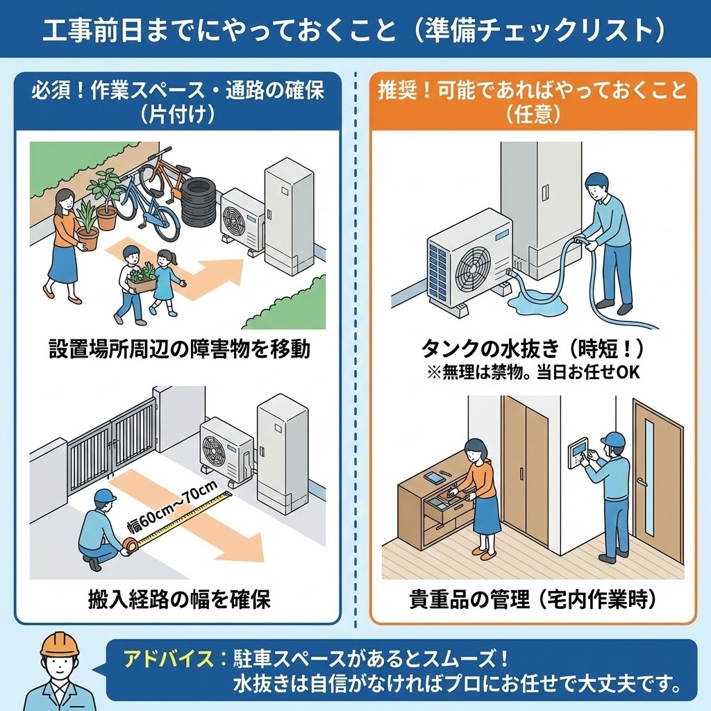 【図解】工事前日までにやっておくこと（準備チェックリスト）。必須項目として「設置場所周辺の障害物を移動（片付け）」「搬入経路の幅を確保（60cm～70cm）」、推奨項目（任意）として「タンクの水抜き（時短になるが無理は禁物）」「貴重品の管理（宅内作業時）」をイラストで解説。下部にプロからのアドバイスとして駐車スペース確保の推奨も記載。