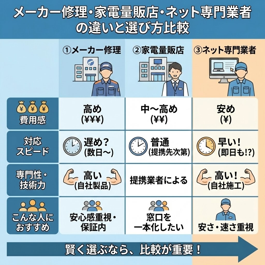 メーカー修理、家電量販店、ネット専門業者のエコキュート修理における違い（費用感、対応スピード、専門性・技術力）と選び方を比較した表のイラスト。それぞれの特徴と、「こんな人におすすめ」なタイプをアイコンとテキストで分かりやすく解説し、「賢く選ぶなら、比較が重要！」と結んでいる。