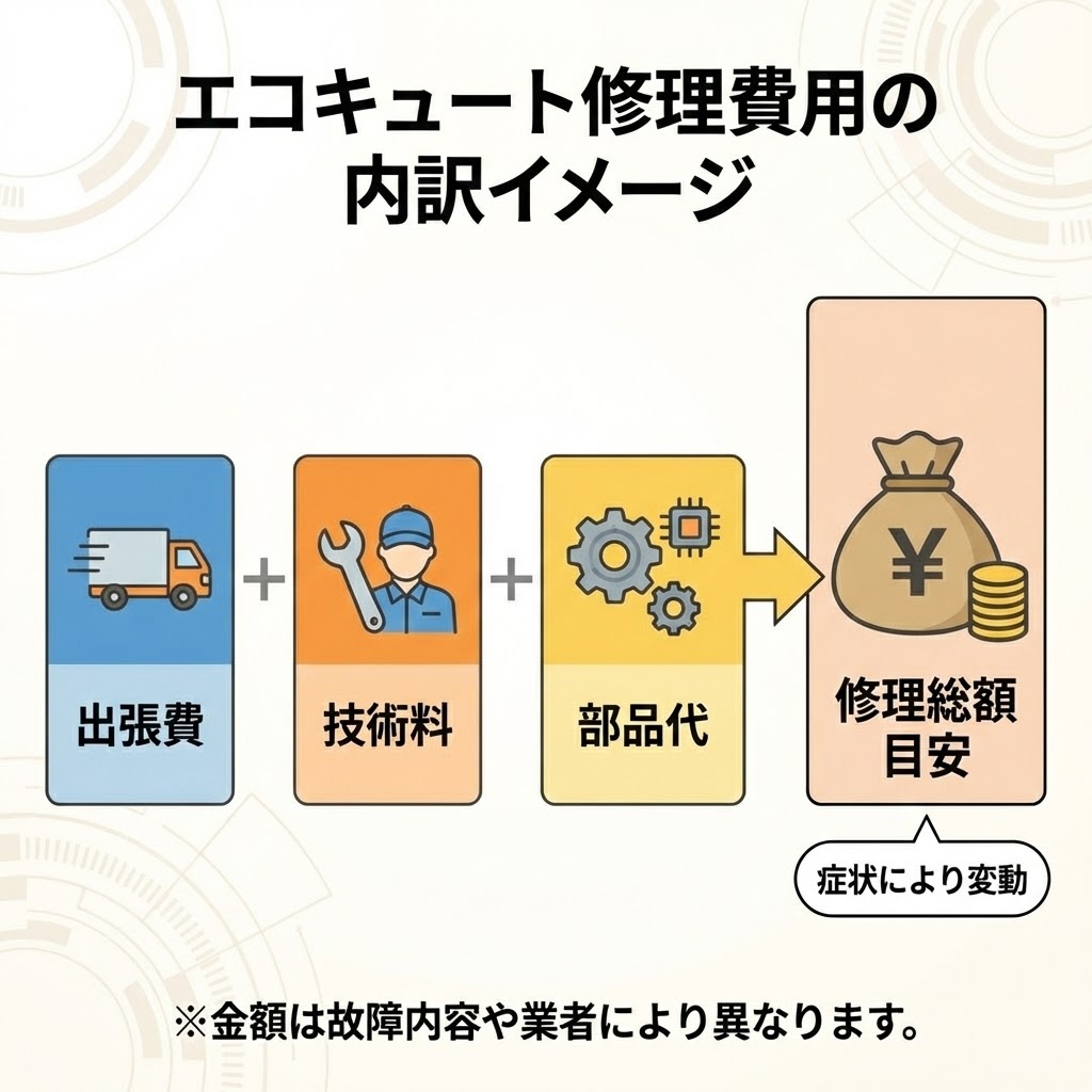 エコキュート修理費用の内訳をイメージ化したイラスト。「出張費（トラックのアイコン）」＋「技術料（作業員のアイコン）」＋「部品代（ギアと基板のアイコン）」の合計が「修理総額目安（お金の袋のアイコン）」となることを示し、症状により変動する旨の注釈がある。修理費用の構成要素を分かりやすく図解。