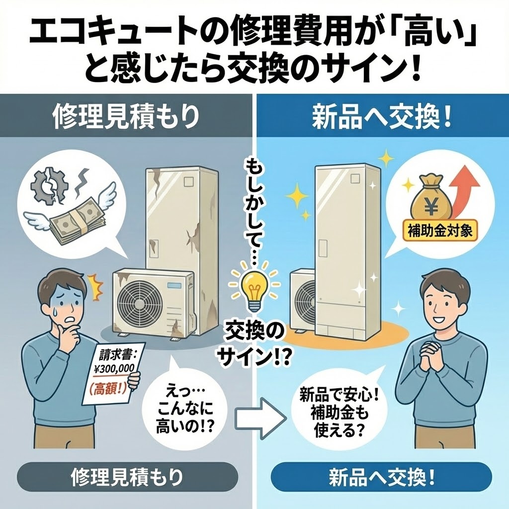 エコキュートの修理費用が高いと感じた時が交換のサインであることを示すイラスト。左側では高額な修理見積もりに驚く男性と古いエコキュート、右側では新品への交換で安心し補助金活用も期待する男性と新しいエコキュートを対比させ、中央の電球アイコンで「もしかして…交換のサイン！？」と気付きを促している。