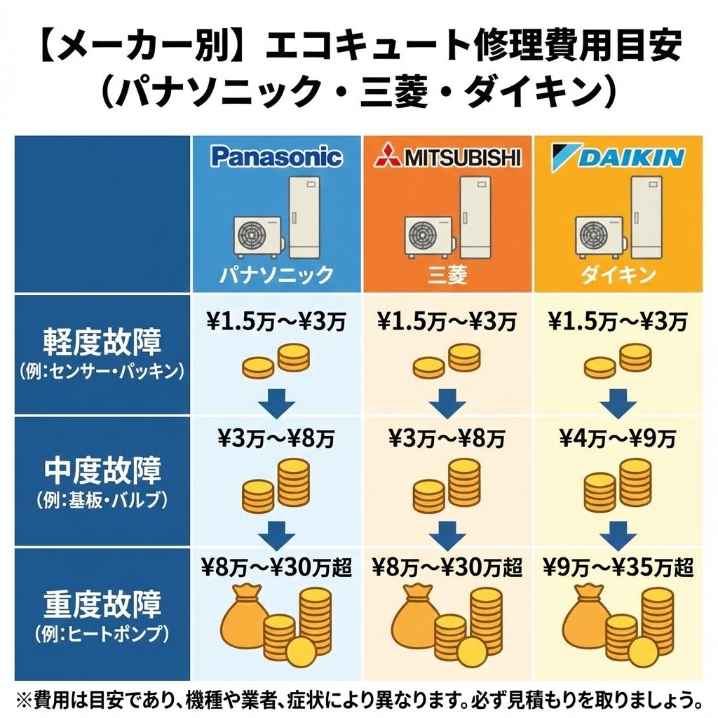 パナソニック、三菱、ダイキンのエコキュート修理費用目安を比較した表。軽度故障（センサー・パッキンなど）、中度故障（基板・バルブなど）、重度故障（ヒートポンプなど）ごとの概算費用を、各メーカーのロゴとエコキュートのイラストと共に金額の範囲とコインのアイコンで示している。費用はあくまで目安であり、見積もりの重要性を伝える注釈付き。