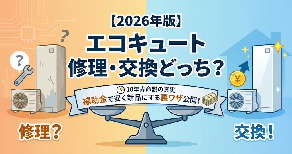 2026年版エコキュートの修理と交換を比較するイラスト。左側の古い機器と「修理？」、右側の新しい機器と「交換！」を天秤にかけており、「補助金で安く新品にする裏ワザ公開！」「10年寿命説の真実」というテキストが記載されている。