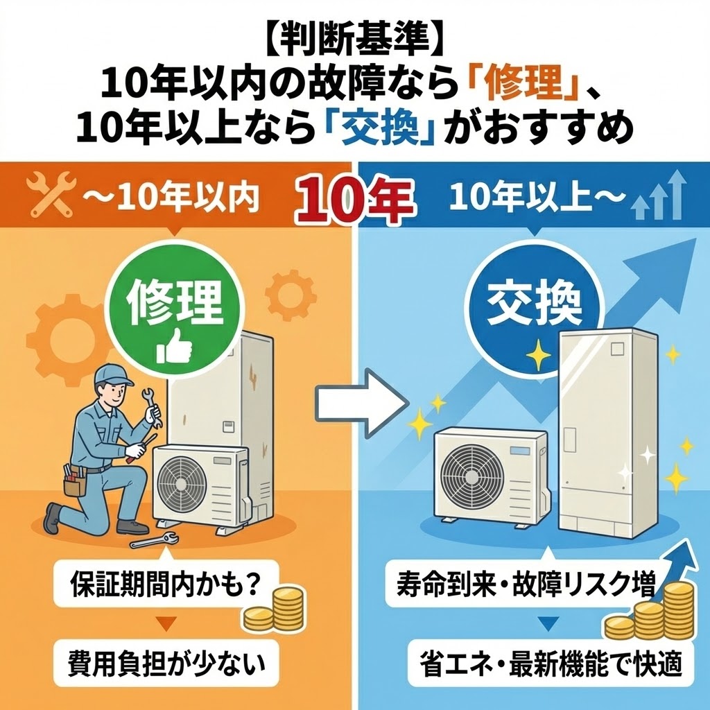 【判断基準】エコキュートの故障時、使用10年以内なら「修理」、10年以上なら「交換」がおすすめであることを示す図解イラスト。左側は保証期間内で費用が抑えられる修理のメリット、右側は寿命による故障リスク増と省エネ最新機能が得られる交換のメリットを対比して説明しています。