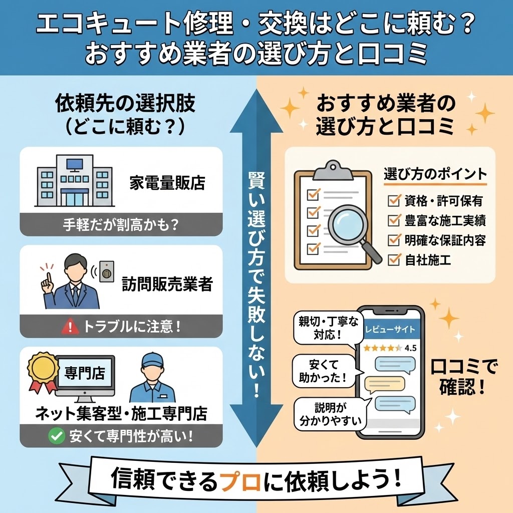 エコキュート修理・交換の依頼先とおすすめ業者の選び方、口コミ活用法を解説したイラスト。左側は家電量販店、訪問販売業者、ネット集客型・施工専門店の特徴を比較し、右側は資格保有や施工実績などの選び方のポイントと、スマホでの口コミ確認の重要性を示している。「賢い選び方で失敗しない！信頼できるプロに依頼しよう！」というメッセージが込められている。