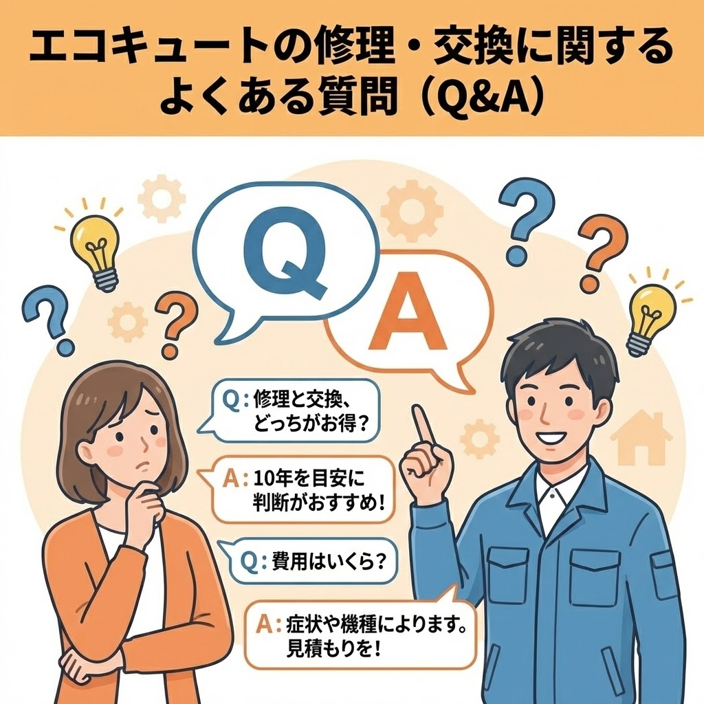 エコキュートの修理・交換に関するよくある質問（Q&A）をまとめたイラスト。悩む女性と、丁寧に応答する専門家の男性作業員が描かれ、具体的な質問例（修理と交換の判断基準、費用の目安）と回答例が吹き出しで分かりやすく示されている。