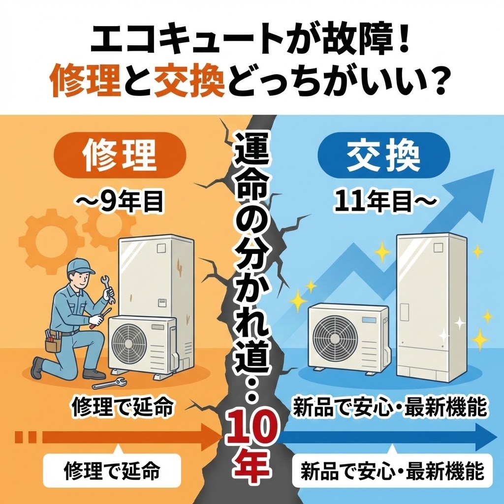 エコキュートが故障した際の修理と交換の比較イラスト。「運命の分かれ道：10年」を境界線とし、左側は9年目までの修理による延命を作業員の絵で示し、右側は11年目以降の交換で新品・最新機能になるメリットを示している。