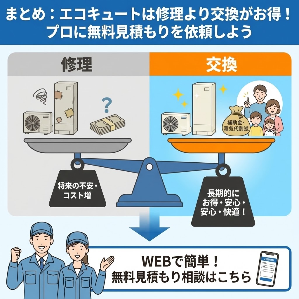 エコキュートの修理と交換を天秤で比較し、補助金や電気代削減により交換が長期的にお得であることを示すまとめイラスト。プロのスタッフがWEBでの無料見積もり相談を推奨している。