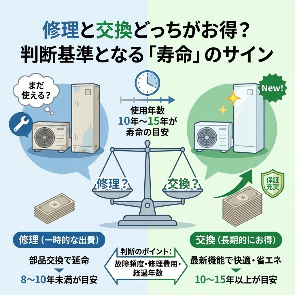 【図解】修理と交換どっちがお得？判断基準となる「寿命」のサイン。天秤を用いて、使用年数10年～15年を寿命の目安とし、修理（8～10年未満目安・一時的な出費・部品交換で延命）と交換（10～15年以上目安・長期的にお得・最新機能で快適省エネ・保証充実）のどちらを選ぶべきかを比較。判断のポイントとして故障頻度・修理費用・経過年数を挙げたイラスト解説。