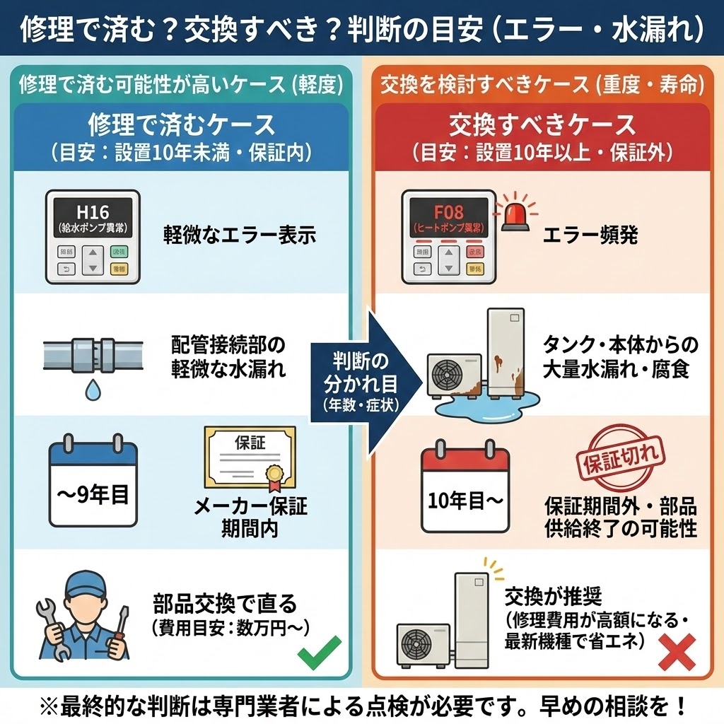 【図解】修理で済む？交換すべき？判断の目安（エラー・水漏れ）。左側「修理で済むケース（軽度）」は設置10年未満・保証内が目安で、軽微なエラー（H16）や配管接続部の水漏れなど部品交換で直る場合。右側「交換を検討すべきケース（重度・寿命）」は設置10年以上・保証外が目安で、エラー頻発（F08）やタンク・本体からの大量水漏れ・腐食など交換が推奨される場合を比較したイラスト解説。