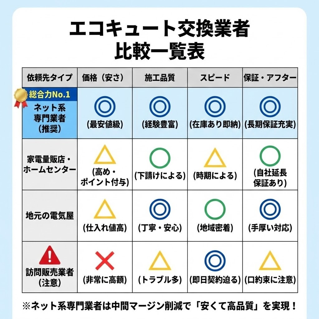 【図解】エコキュート交換業者比較一覧表。ネット系専門業者（推奨・総合力No.1）、家電量販店・ホームセンター、地元の電気屋、訪問販売業者（注意）の4タイプを、価格（安さ）・施工品質・スピード・保証・アフターの面で〇△×評価を用いて比較。ネット系専門業者が中間マージン削減で「安くて高品質」を実現していることを示すイラスト。