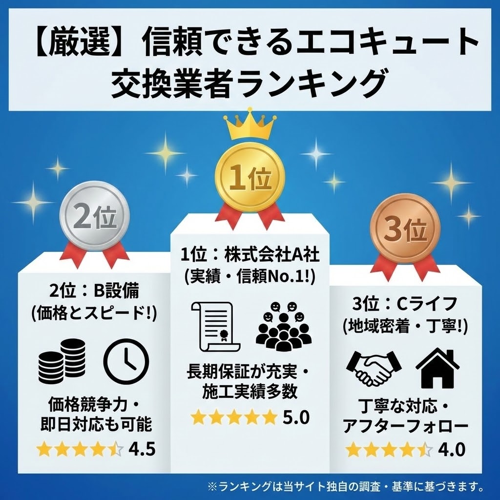 【厳選】信頼できるエコキュート交換業者ランキングのイラスト。1位は「株式会社A社（実績・信頼No.1!）」で長期保証と施工実績が評価され星5.0。2位は「B設備（価格とスピード!）」で価格競争力と即日対応が評価され星4.5。3位は「Cライフ（地域密着・丁寧!）」で丁寧な対応とアフターフォローが評価され星4.0。それぞれの特徴と評価をメダル付きの表彰台形式で示し、最下部には「※ランキングは当サイト独自の調査・基準に基づきます。」との注釈がある。