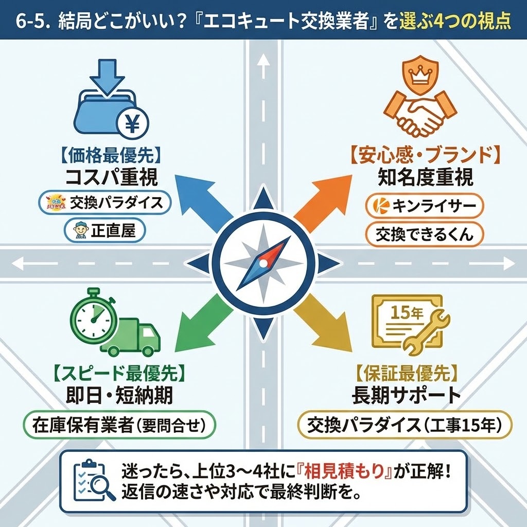 「6-5. 結局どこがいい？『エコキュート交換業者』を選ぶ4つの視点」と題したインフォグラフィック。中央のコンパスから4つの方向性が示されている。上は「【価格最優先】コスパ重視」で「交換パラダイス」「正直屋」。右は「【安心感・ブランド】知名度重視」で「キンライサー」「交換できるくん」。下は「【スピード最優先】即日・短納期」で「在庫保有業者（要問合せ）」。左は「【保証最優先】長期サポート」で「交換パラダイス（工事15年）」。下部のバナーには「迷ったら、上位3〜4社に『相見積もり』が正解！返信の速さや対応で最終判断を。」とある。