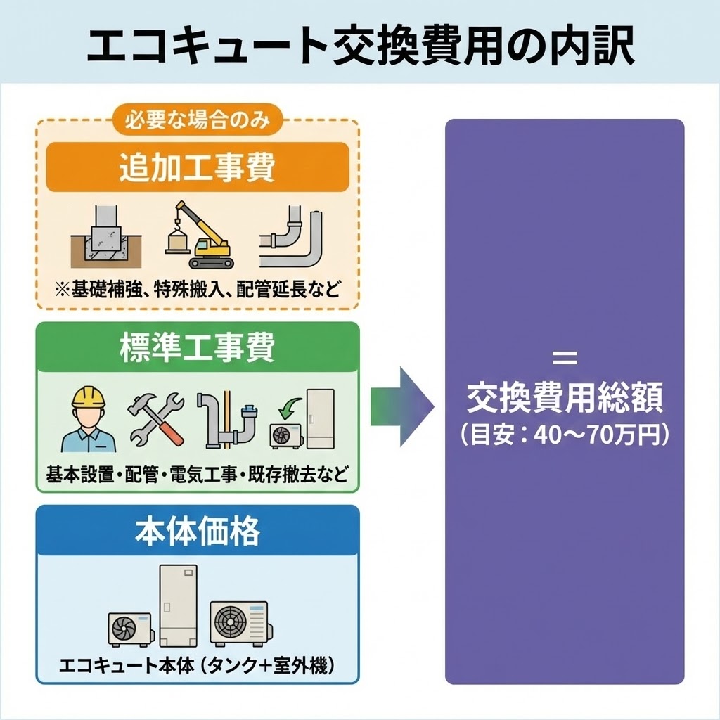 エコキュート交換費用の内訳図解。本体価格（タンク＋室外機）、標準工事費（基本設置・配管・電気工事・既存撤去など）、必要な場合の追加工事費（基礎補強・特殊搬入など）が積み上がり、交換費用総額（目安：40～70万円）となる構成をイラストで説明。